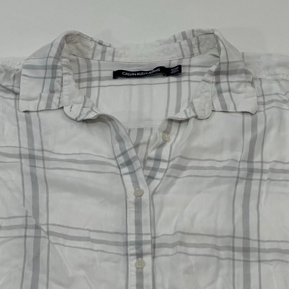 Calvin Klein Jeans Womens Button-Up Plaid Shirt White Gray Size XL